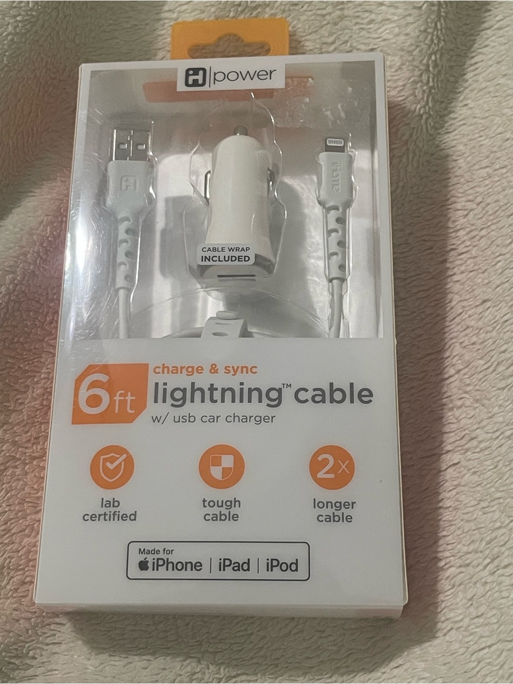 iHome 6ft White Lightning Cable with USB Car Charger New